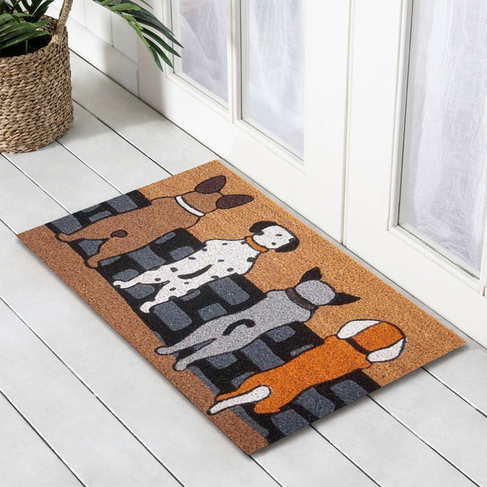 Dogs on Fence PVC Backed Coir Doormat, 45x75cm