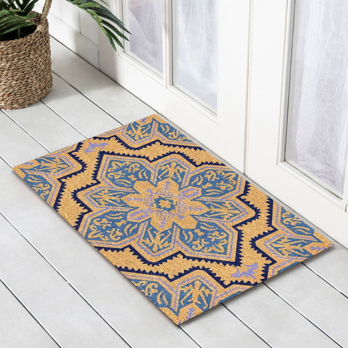 Blue Mosaic PVC Back Coir Doormat, 45x75cm