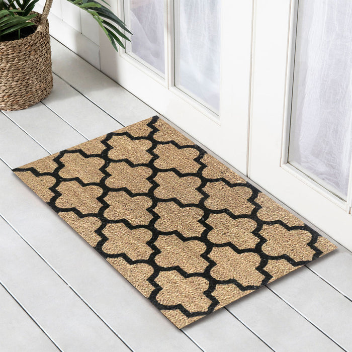 Geometric Black PVC Backed Coir Doormat 45x75cm, Door Mats, Ozark Home 