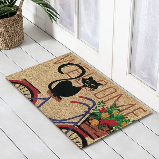 Cat on Bike PVC Backed Coir Doormat 45x75cm, Door Mats, Ozark Home 