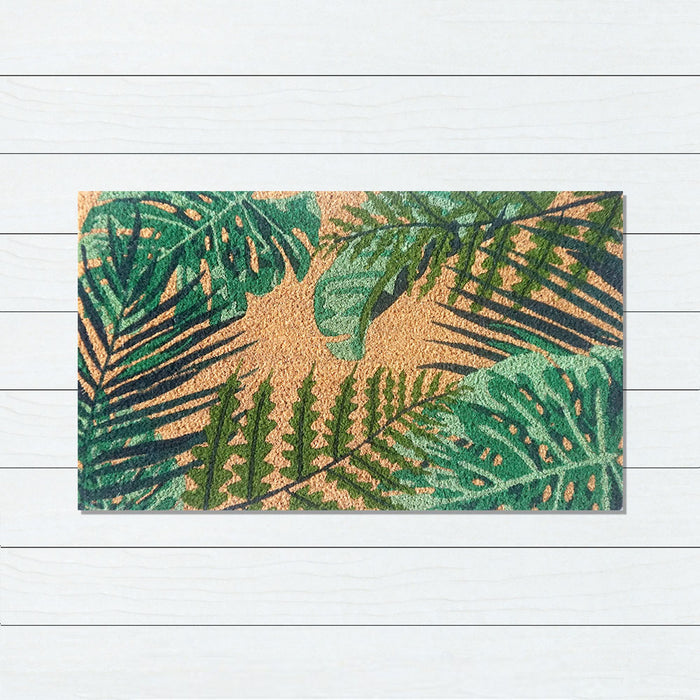 Green Leaves PVC Backed Coir Doormat 45x75cm, Door Mats, Ozark Home 