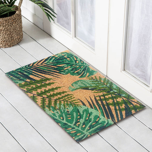 Green Leaves PVC Backed Coir Doormat 45x75cm, Door Mats, Ozark Home 