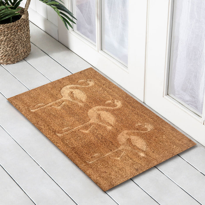 Embossed Flamingos PVC Backed Coir Doormat 45x75cm, Door Mats, Ozark Home 