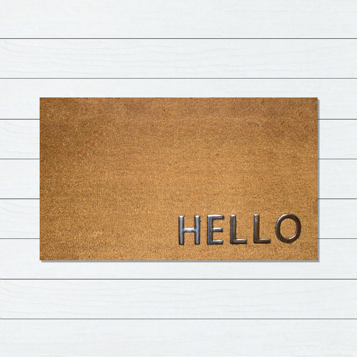 HELLO Stainless Steel PVC Backed Coir Doormat 45x75cm, Door Mats, Ozark Home 