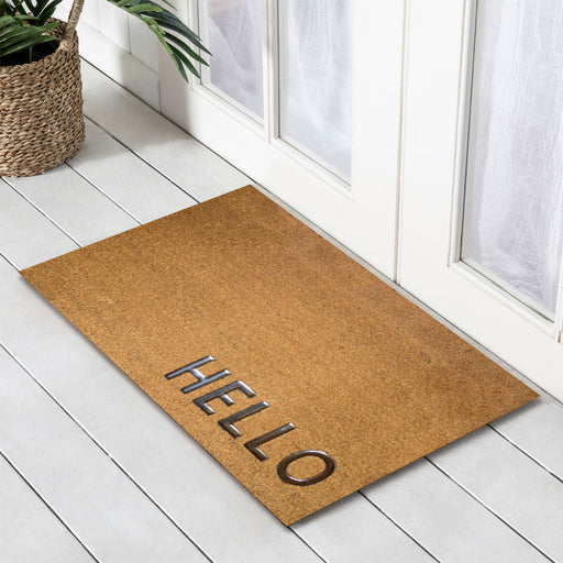 HELLO Stainless Steel PVC Backed Coir Doormat 45x75cm, Door Mats, Ozark Home 