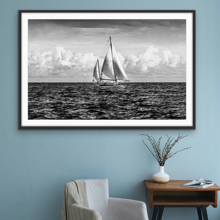 A Day On the Ocean - Black and White Yacht Sailing Photographic Canvas or Art Print