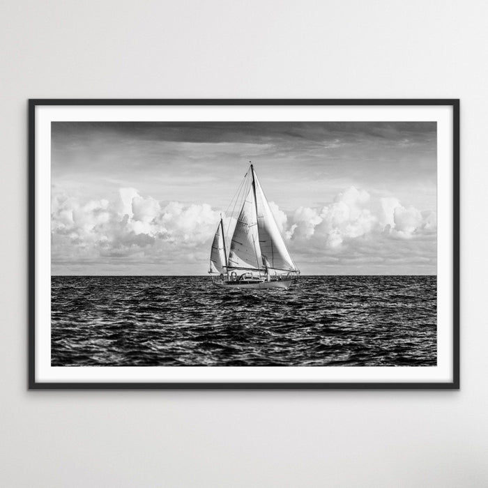 A Day On the Ocean - Black and White Yacht Sailing Photographic Canvas or Art Print