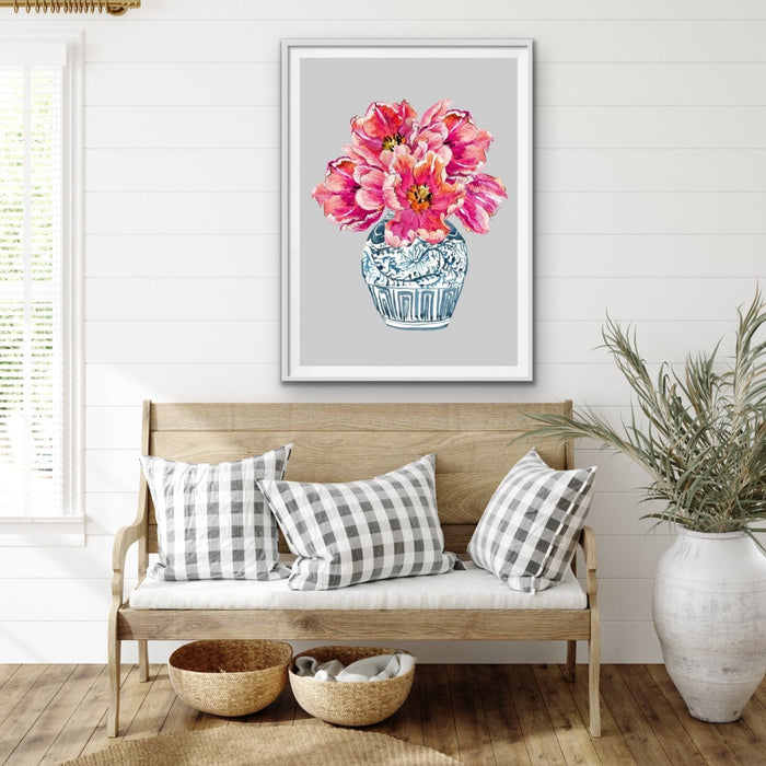 A Table In The Sun - Turquoise Pink Vase Painting Graphic Wall Art Print Canvas