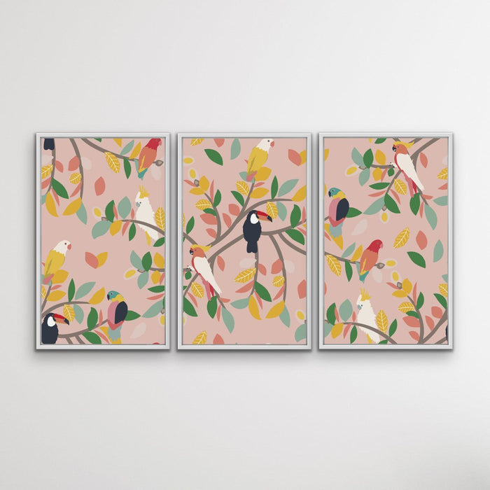 Aviary Pink Three Piece Bird Nature Floral Canvas Wall Art, Wall Art, Ozark Home 