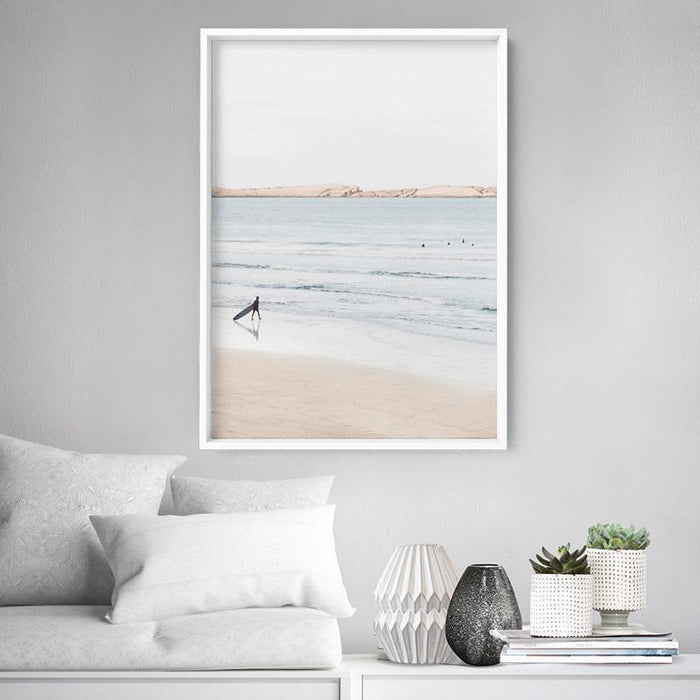 Sandy Beach, Surfer & Ocean Waves in Pastels - Art Print, Wall Art, Ozark Home 