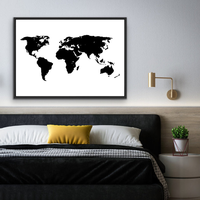 Black and White World Map - Framed Canvas Wall Art Print