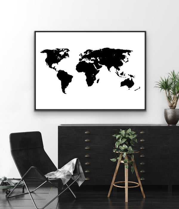 Black and White World Map - Framed Canvas Wall Art Print