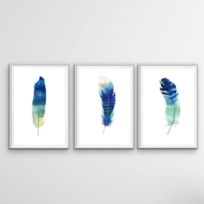 Blue Feather Watercolour Wall Art Prints - Three Piece Art Print Set, Wall Art, Ozark Home 