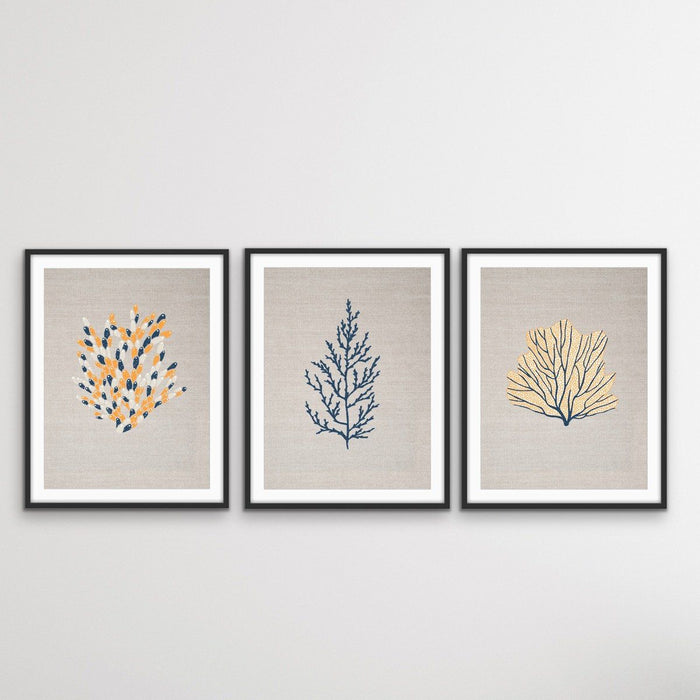 Blue and Yellow Coral On Linen Seaside Wall Art Prints - Three Piece Art Print Set, Wall Art, Ozark Home 