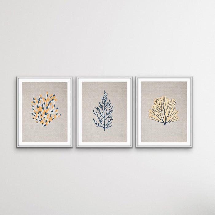 Blue and Yellow Coral On Linen Seaside Wall Art Prints - Three Piece Art Print Set, Wall Art, Ozark Home 