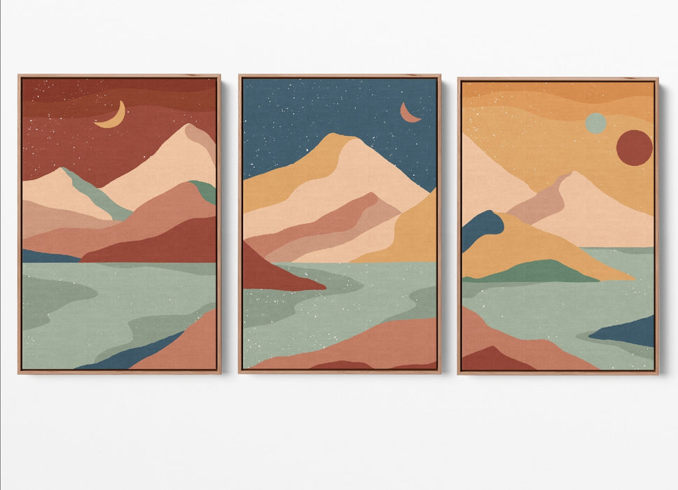 Boho Mountain Surreal Landscape Three Piece Art and Canvas Print Set, Wall Art, Ozark Home 