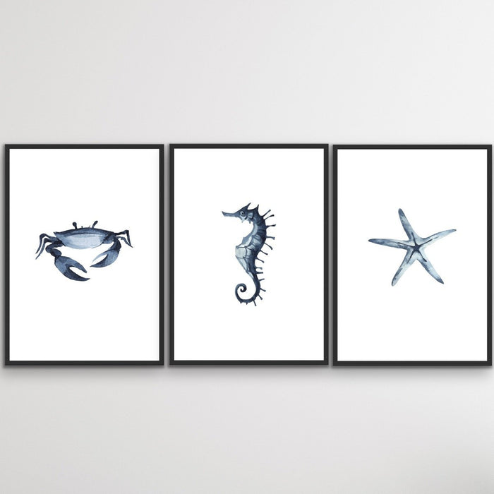 By The Sea - Three Piece Crab Starfish Seahorse Watercolour Print Set, Wall Art, Ozark Home 