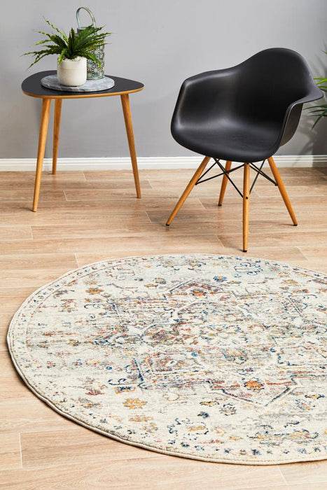 Cesme Silver Round Faded Medallion Contemporary Rug, Rugs, Ozark Home 