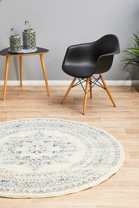 Cesme White Round Faded Medallion Contemporary Rug, Rugs, Ozark Home 