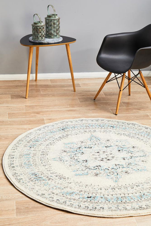 Cesme White Round Faded Medallion Contemporary Rug, Rugs, Ozark Home 