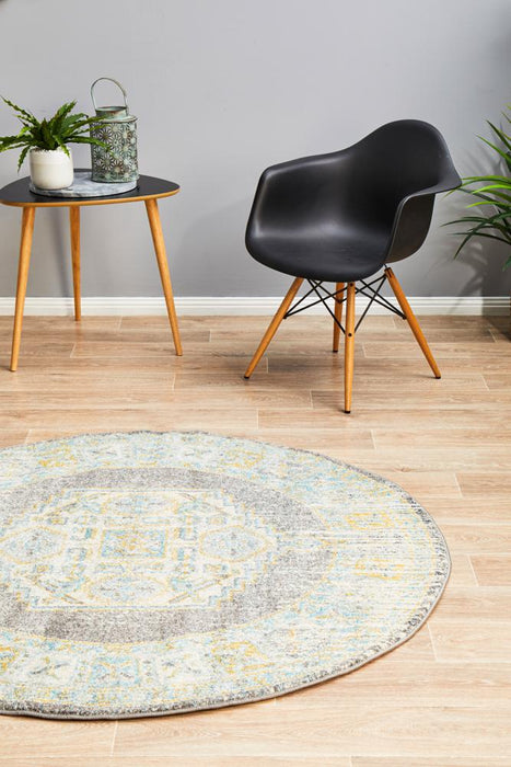 Cesme Grey Round Faded Medallion Contemporary Rug, Rugs, Ozark Home 