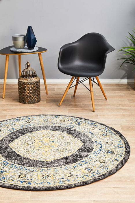 Cesme Charcoal Round Faded Medallion Contemporary Rug, Rugs, Ozark Home 