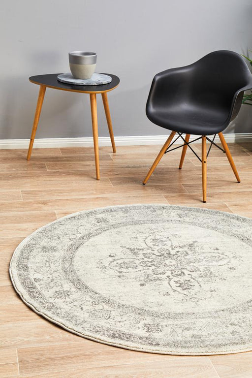 Cesme Silver Round Floral Motif Contemporary Rug, Rugs, Ozark Home 