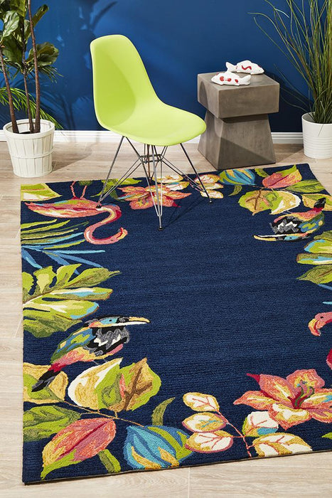 Chalu Navy Tropical Print Contemporary Indoor/Outdoor Rug, Rugs, Ozark Home 