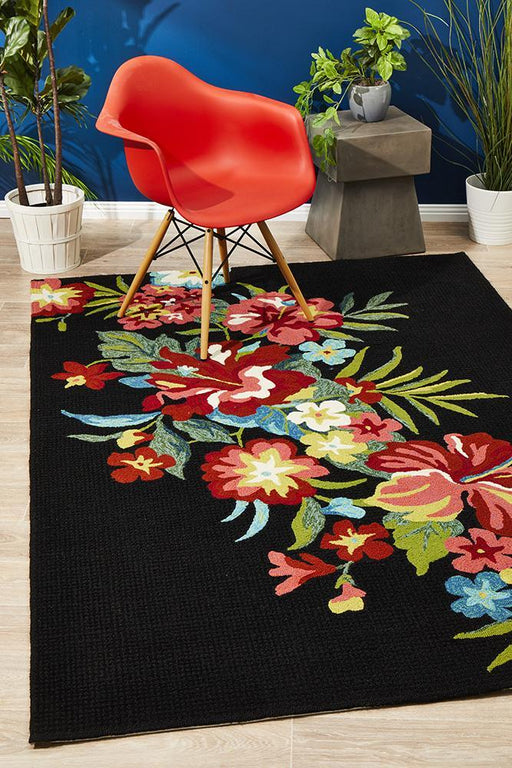 Chalu Black Tropical Print Contemporary Indoor/Outdoor Rug, Rugs, Ozark Home 