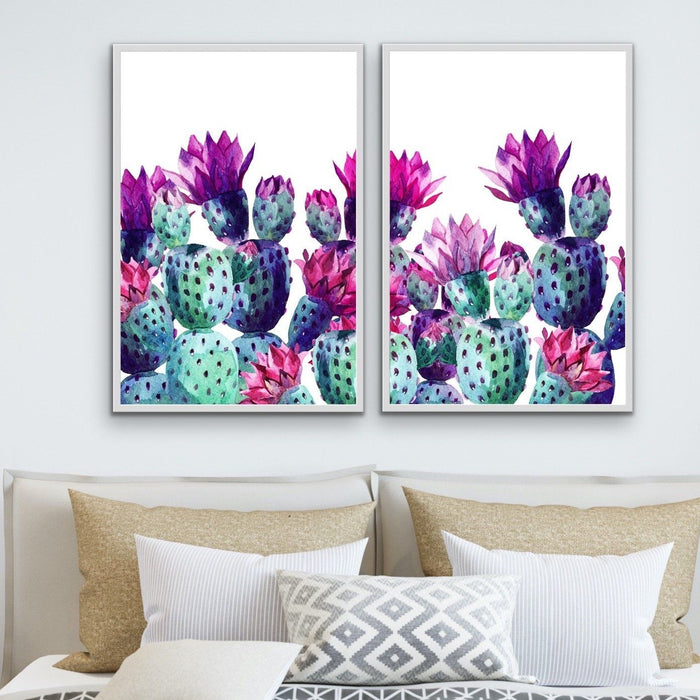 Cactus Watercolours - Two Piece Watercolour Pink Purple Green Cactus Prints, Wall Art, Ozark Home 