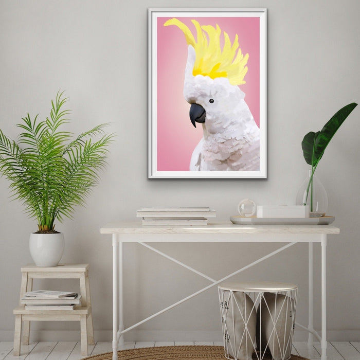 Cheeky Cockatoo - Pink Cockatoo Bird Art Print Stretched Canvas Wall Art