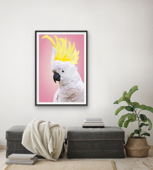 Cheeky Cockatoo - Pink Cockatoo Bird Art Print Stretched Canvas Wall Art