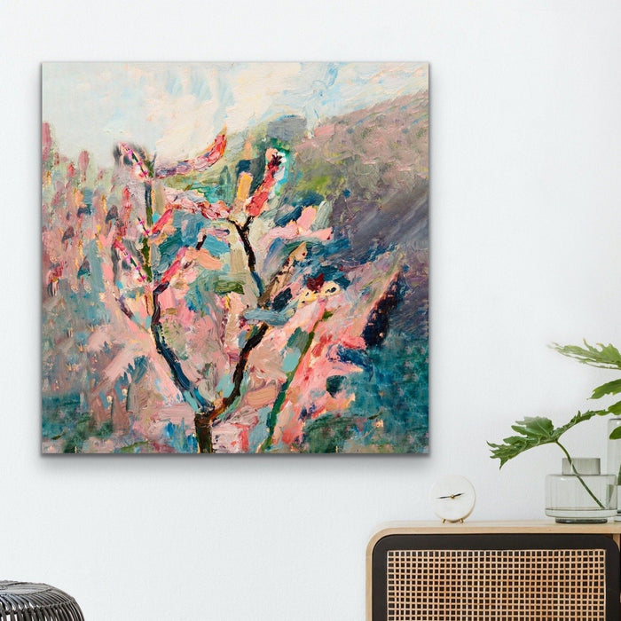 Cherry Blossom - Abstract Pink and Green Nature Stretched Canvas Artwork Wall Art Print