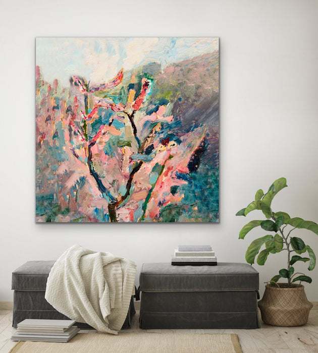 Cherry Blossom - Abstract Pink and Green Nature Stretched Canvas Artwork Wall Art Print