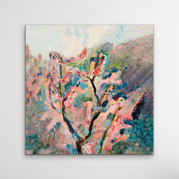 Cherry Blossom - Abstract Pink and Green Nature Stretched Canvas Artwork Wall Art Print