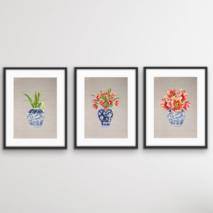 Chinoiserie - Three Piece Blue Chinese Porcelain Vases On Linen Wall Art Prints Red Flowers Blue Vases, Wall Art, Ozark Home 