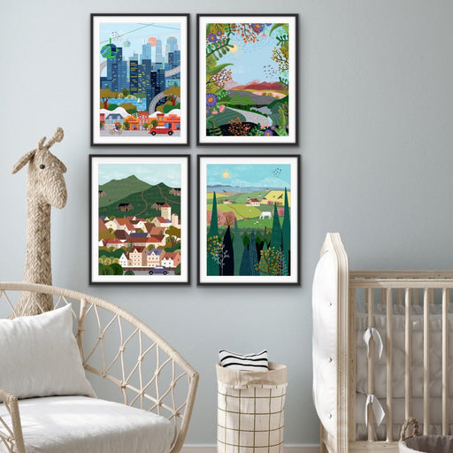 City - Illustration Of City Scene for Kids Nursery - City Village Country Wild Set, Wall Art, Ozark Home 