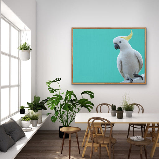 Cockatoo on Turquoise Linen - Framed Canvas Print Wall Art Print, Wall Art, Ozark Home 