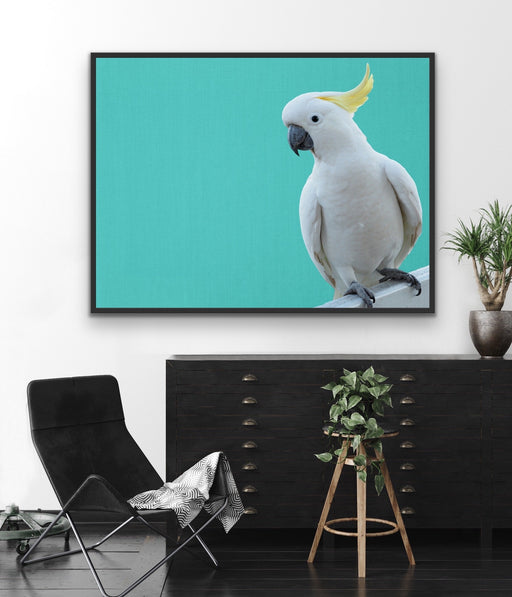 Cockatoo on Turquoise Linen - Framed Canvas Print Wall Art Print, Wall Art, Ozark Home 