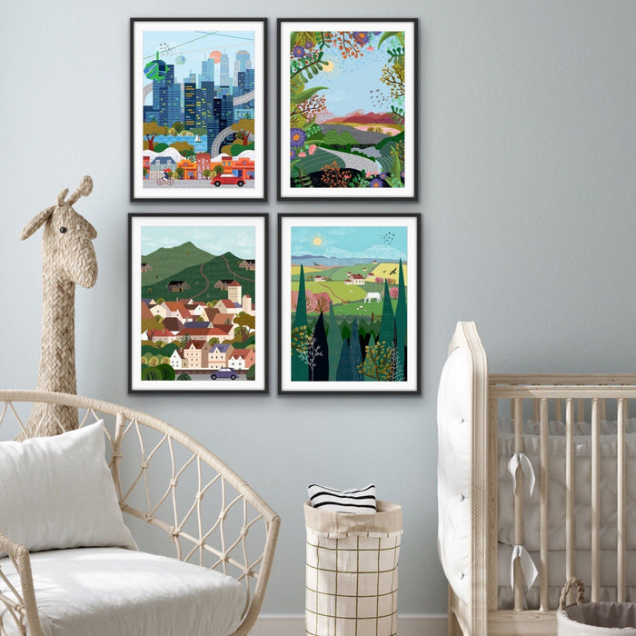 Country - Illustration Of Country Scene for Kids Nursery - City Village Country Wild Set, Wall Art, Ozark Home 