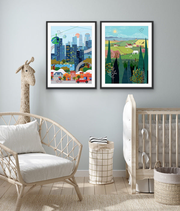 Country - Illustration Of Country Scene for Kids Nursery - City Village Country Wild Set, Wall Art, Ozark Home 