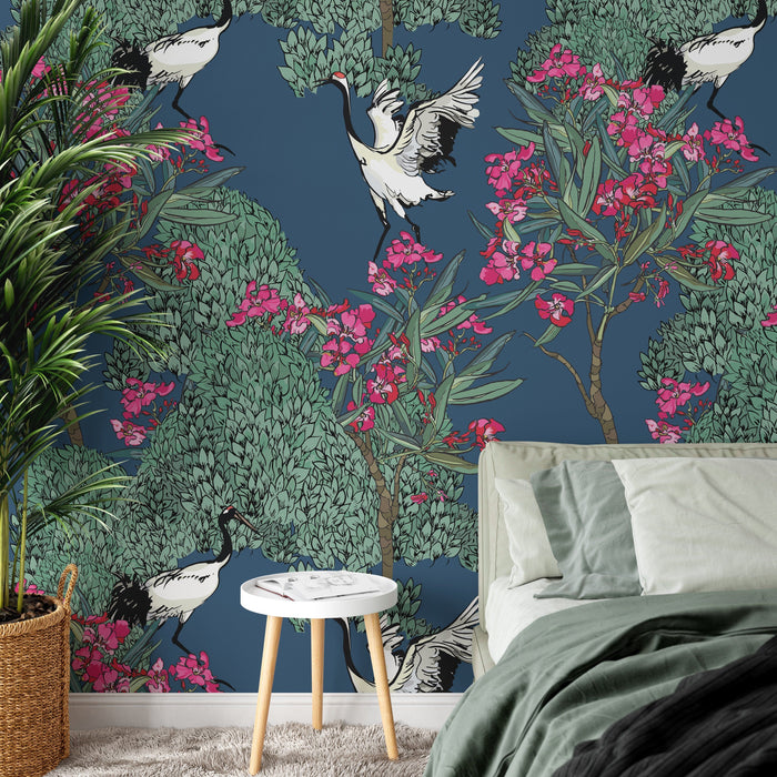 Dancing Crane - Blue Wallpaper With Pink Flowers and Crane Birds