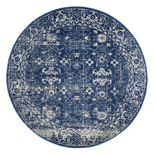 Ellora Navy Round Faded Transitional Grid Contemporary Rug, Rugs, Ozark Home 