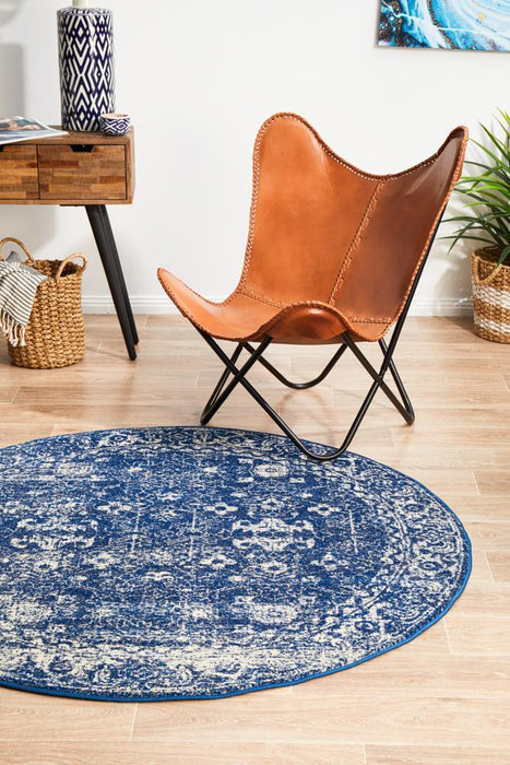 Ellora Navy Round Faded Transitional Grid Contemporary Rug, Rugs, Ozark Home 