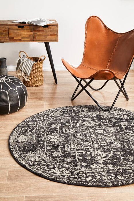 Ellora Charcoal Round Faded Transitional Medallion Contemporary Rug, Rugs, Ozark Home 