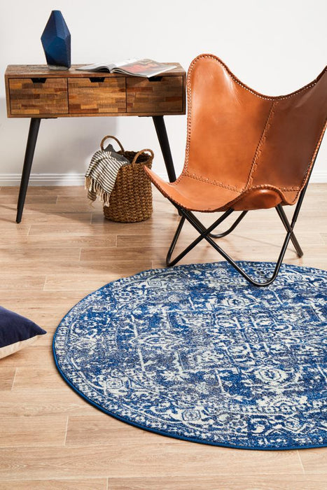 Ellora Navy Round Faded Transitional Medallion Contemporary Rug, Rugs, Ozark Home 