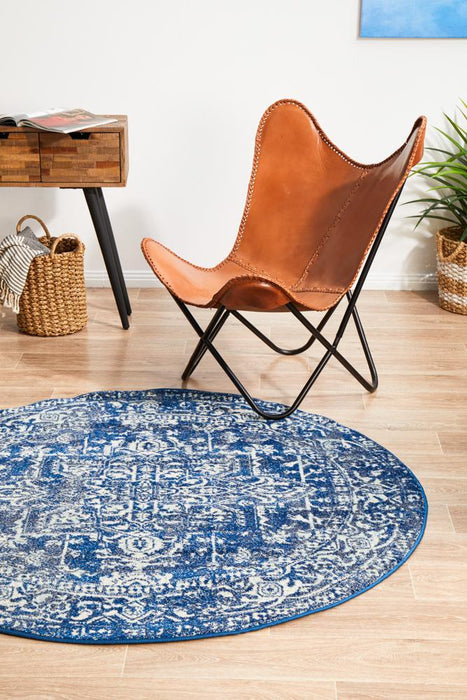 Ellora Navy Round Faded Transitional Medallion Contemporary Rug, Rugs, Ozark Home 