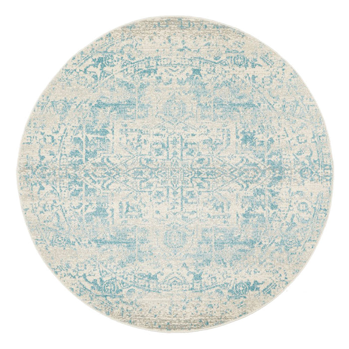 Ellora White & Blue Round Faded Transitional Medallion Contemporary Rug, Rugs, Ozark Home 