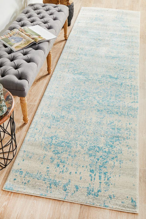 Ellora White & Blue Faded Transitional Medallion Contemporary Runner Rug, Rugs, Ozark Home 