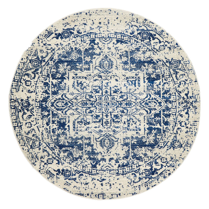 Ellora White & Navy Round Faded Transitional Medallion Contemporary Rug, Rugs, Ozark Home 